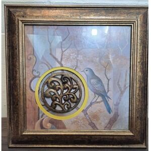 Framed Wall Art Bird Decorative Scrollwork Golden Accent 13.25 Inches Square